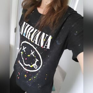 Large NIRVANA Custom Black Tee with Colorful Splatter